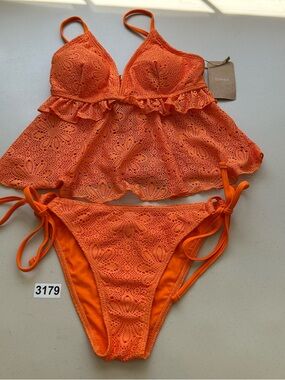 Samiol Orange Crochet Ruffle Tankini Bikini Set